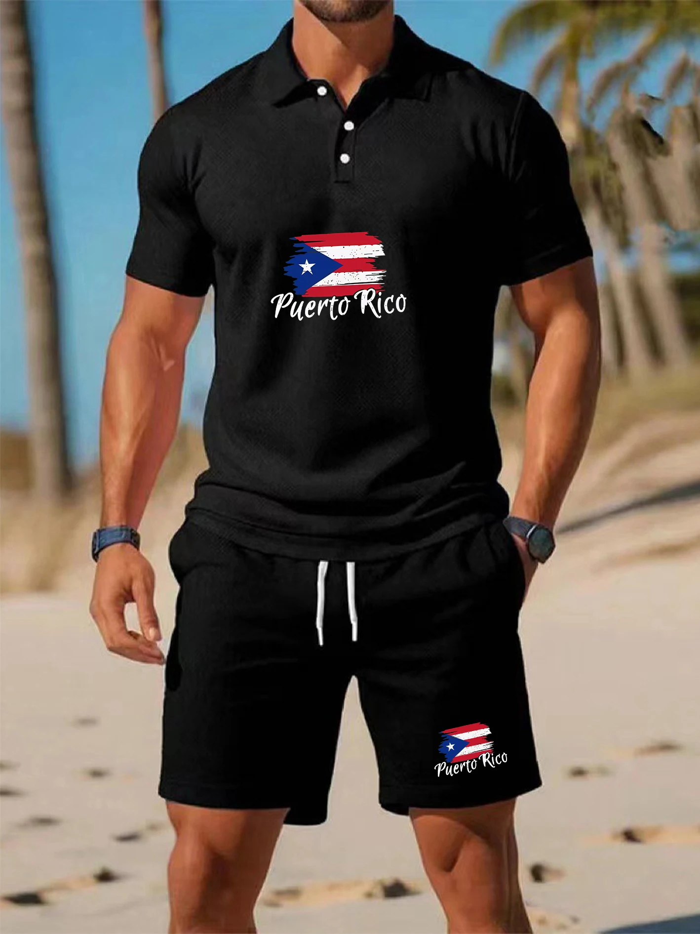 Men's Loose Fit Puerto Rico Print Polo & Shorts Set, Breathable Sweat-Wicking Fabric, Comfortable Versatile Outfit Ideal for Sp
Men's Loose Fit Puerto Rico Print Polo & Shorts Set, Breathable Sweat-Wicking Fabric, Comfortable Versatile Outfit Ideal for Sp