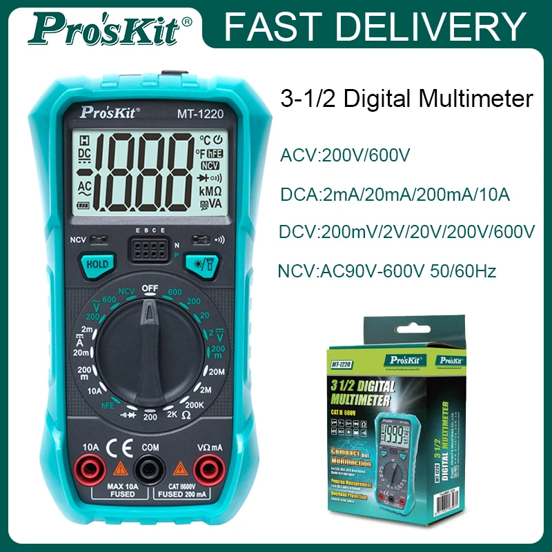 Pro'skit Digital Multimeter AC And DC Voltage Resistance Measurement NCV Non-Contact Electric Tester Multi Meter MT-1220
Pro'skit Digital Multimeter AC And DC Voltage Resistance Measurement NCV Non-Contact Electric Tester Multi Meter MT-1220