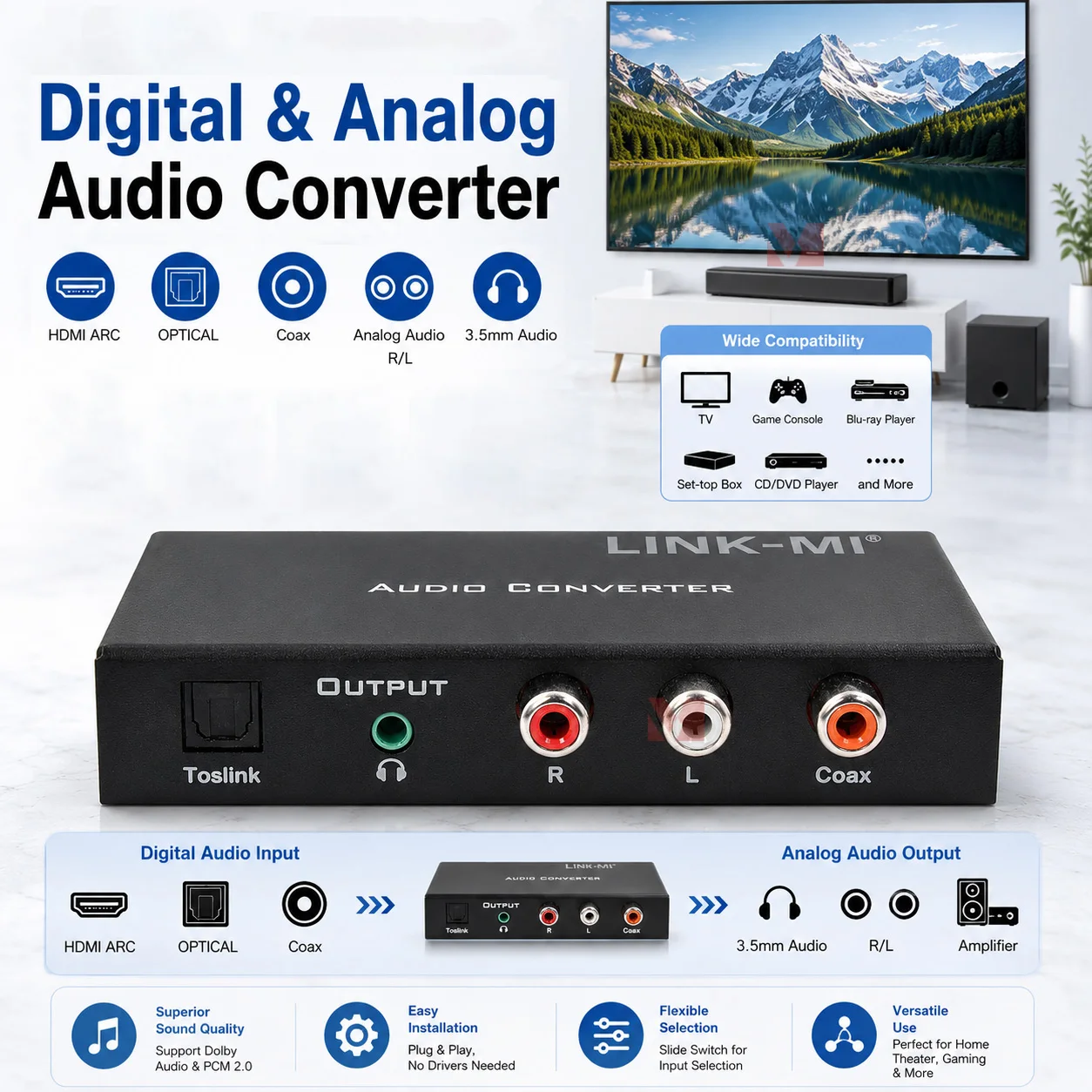 Digital to Analog Audio Converter HDMI ARC Toslink Coax 3.5mm Support Audio Converter for Home Theater Sound System
Digital to Analog Audio Converter HDMI ARC Toslink Coax 3.5mm Support Audio Converter for Home Theater Sound System