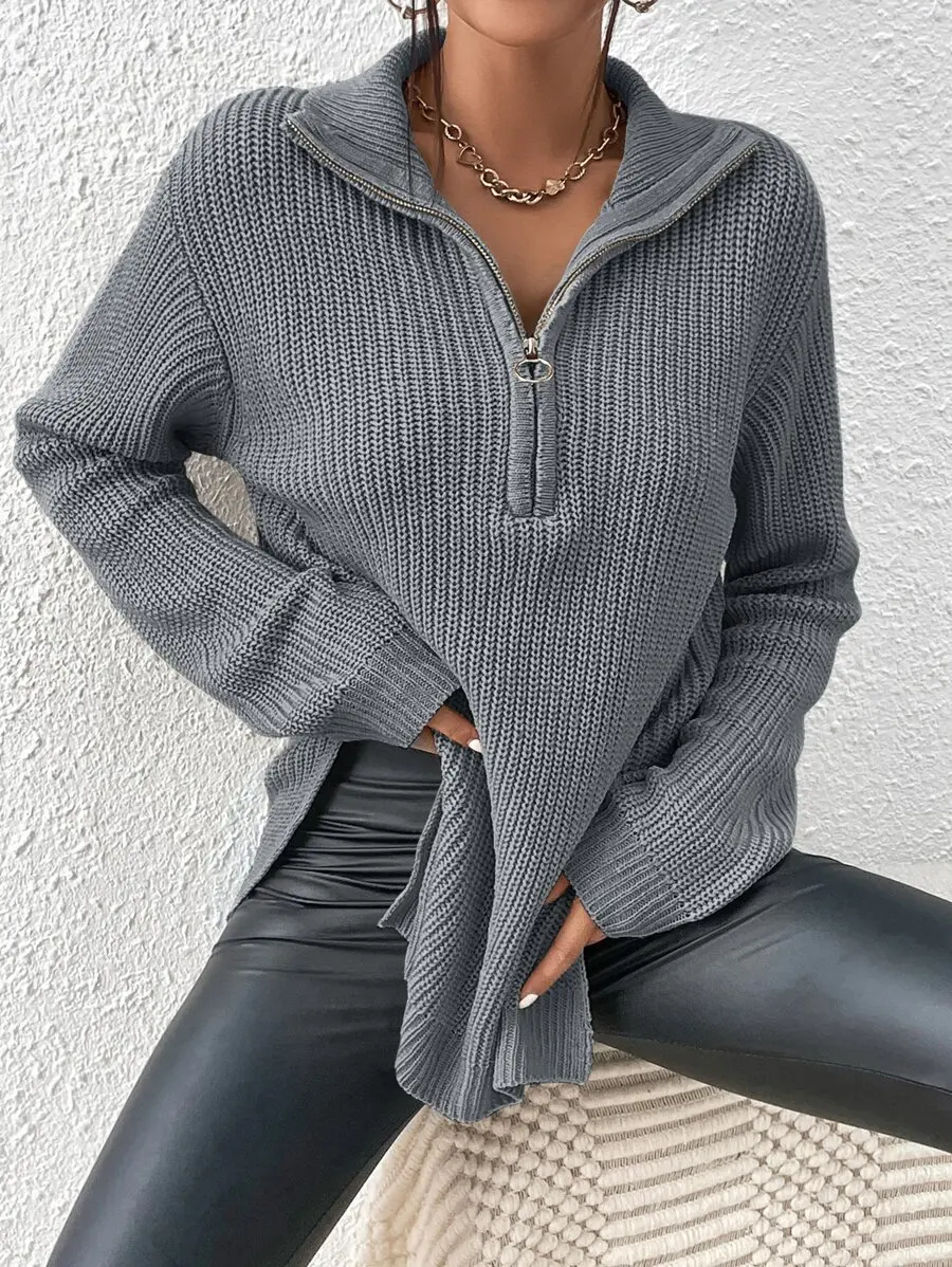 Women Gray Knit Half Zip Sweater With Mock Neck And Long Sleeves
Women Gray Knit Half Zip Sweater With Mock Neck And Long Sleeves