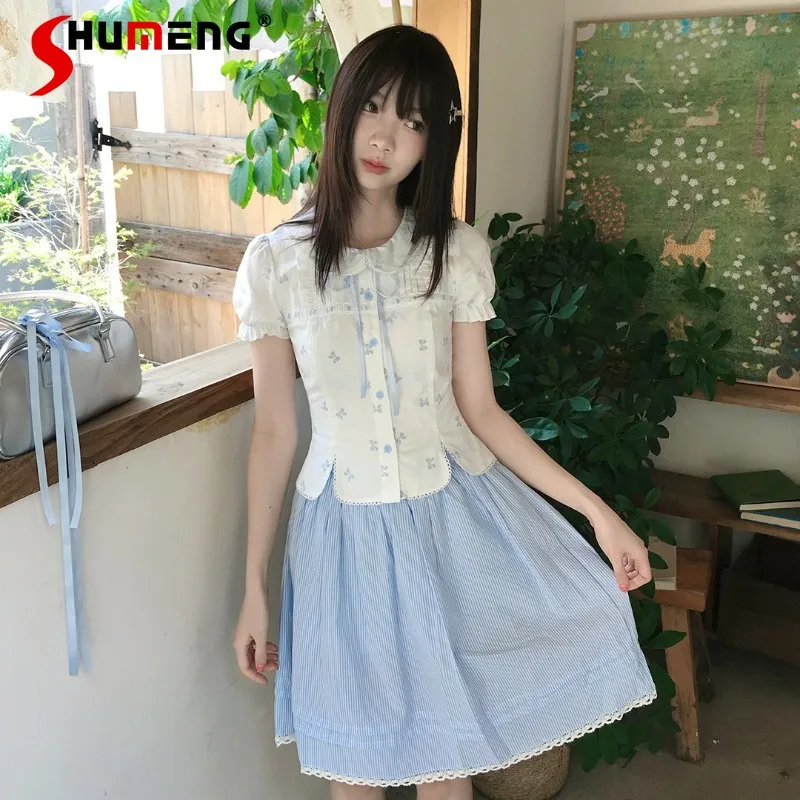 Blue White Floral Doll Collar Shirt Striped Half Skirt Summer Two Piece Outfit Elegant Fresh Casual Soft Girl Daily Wear Clothes
Blue White Floral Doll Collar Shirt Striped Half Skirt Summer Two Piece Outfit Elegant Fresh Casual Soft Girl Daily Wear Clothes