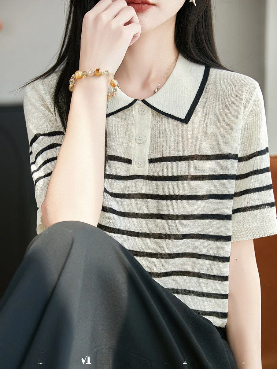 Retro Striped Ice Silk Knitted Top Women's Short Sleeve Turn-down Collar Loose Slimming Casual Versatile Breathable Shirt
Retro Striped Ice Silk Knitted Top Women's Short Sleeve Turn-down Collar Loose Slimming Casual Versatile Breathable Shirt