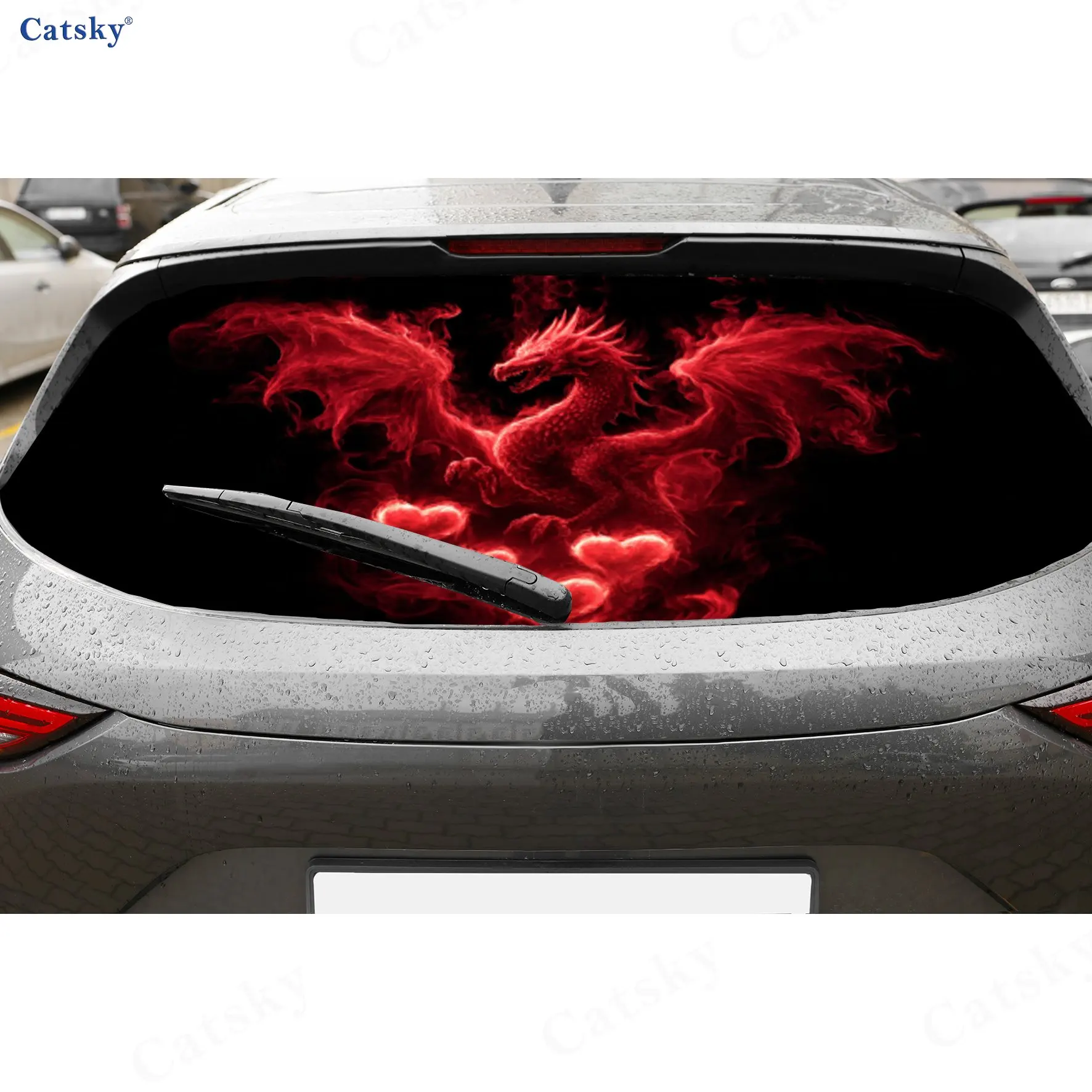 Red Flame Dragon Hearts PVC Perforated Car Vinyl Wraps, Durable Car Rear Windshield Sticker, Waterproof Car Rear Window Decal