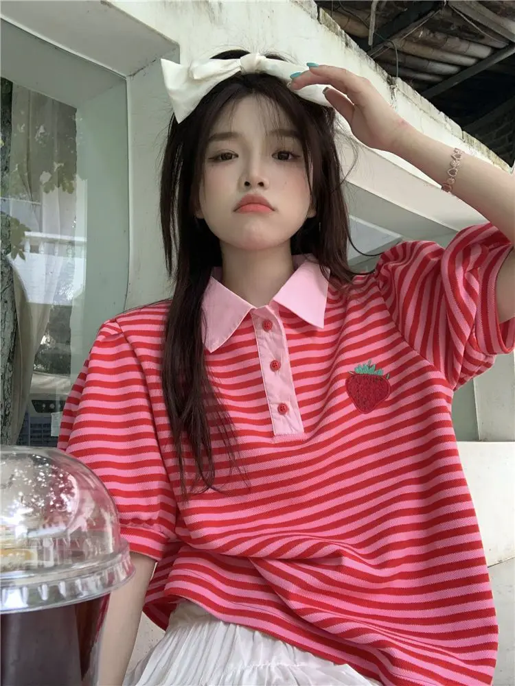 Women's Polo Shirts Pink Striped Embroidery T-shirts Baggy Korean Style Y2k Vintage One Pieces Polyester Emo Clothing Female Tee
Women's Polo Shirts Pink Striped Embroidery T-shirts Baggy Korean Style Y2k Vintage One Pieces Polyester Emo Clothing Female Tee
