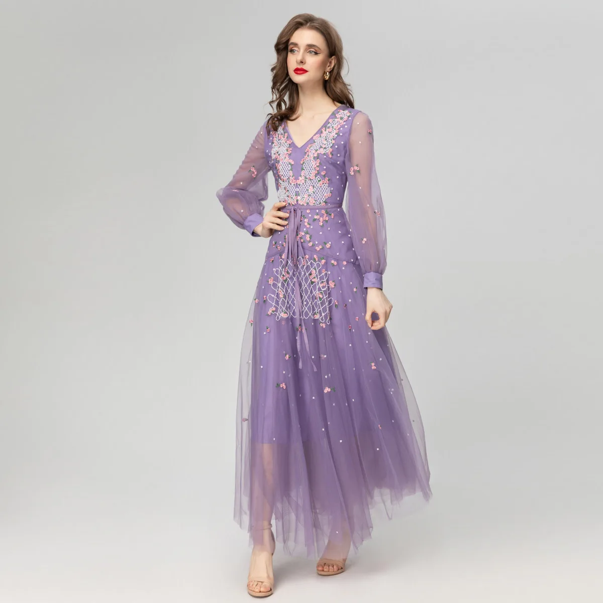 Summer Spring Fashion Designer Violet Vintage Mesh Dress Women's Lantern Sleeve Embroidery High Waist Slim A-LINE Long Dress
Summer Spring Fashion Designer Violet Vintage Mesh Dress Women's Lantern Sleeve Embroidery High Waist Slim A-LINE Long Dress
