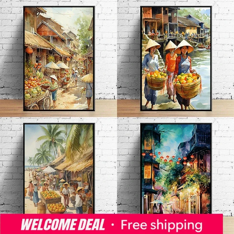 Vietnamese Village Poster Asian Market Scene Diamond Painting Vintage Watercolour Wall Art Picture For Living Room Home Decor
Vietnamese Village Poster Asian Market Scene Diamond Painting Vintage Watercolour Wall Art Picture For Living Room Home Decor