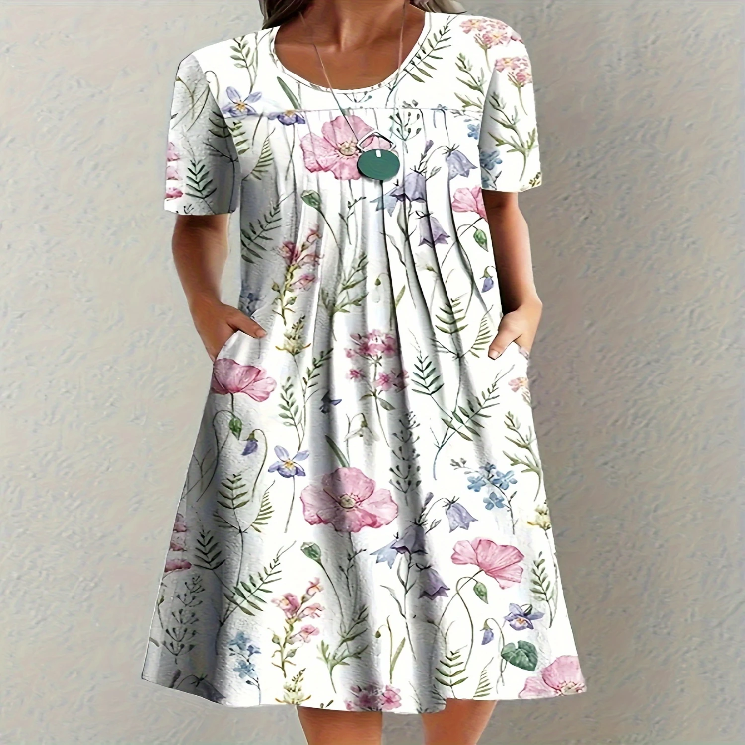 Plus Size Floral Charm - Womens Comfortable Short Sleeve Dress with Flirty Plicated Neckline and Handy Pockets, Casual Knee-Leng
Plus Size Floral Charm - Womens Comfortable Short Sleeve Dress with Flirty Plicated Neckline and Handy Pockets, Casual Knee-Leng