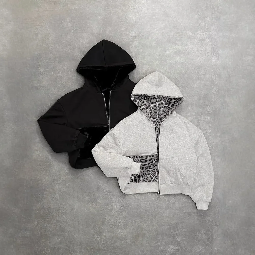 Autumn Winter Retro Fashion Leopard Print Two Sides Wear Loose Zip Up Hoodie Women High Street Punk Oversized Sweatshirts Y2k
Autumn Winter Retro Fashion Leopard Print Two Sides Wear Loose Zip Up Hoodie Women High Street Punk Oversized Sweatshirts Y2k