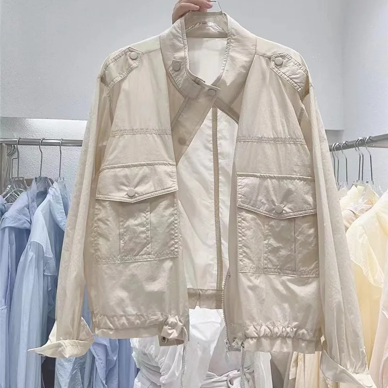Women's Summer 2023 Loose Fit Thin Sun Protection Shirt Stand Collar Pocket Detail Long Sleeve Zipper Closure Regular Length
Women's Summer 2023 Loose Fit Thin Sun Protection Shirt Stand Collar Pocket Detail Long Sleeve Zipper Closure Regular Length