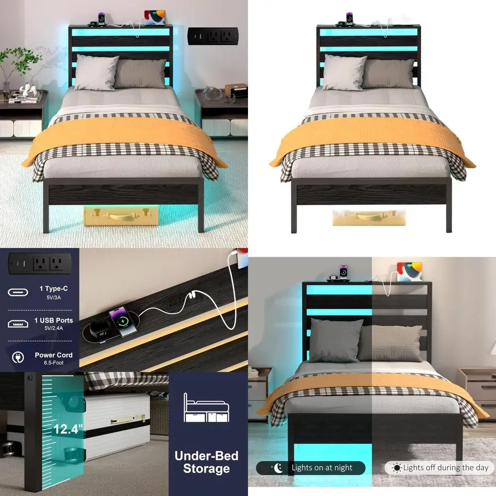 Black Twin Platform Bed with LED, Charging Station, Metal Slats, No Box Spring, Quiet, Easy Assembly
Black Twin Platform Bed with LED, Charging Station, Metal Slats, No Box Spring, Quiet, Easy Assembly