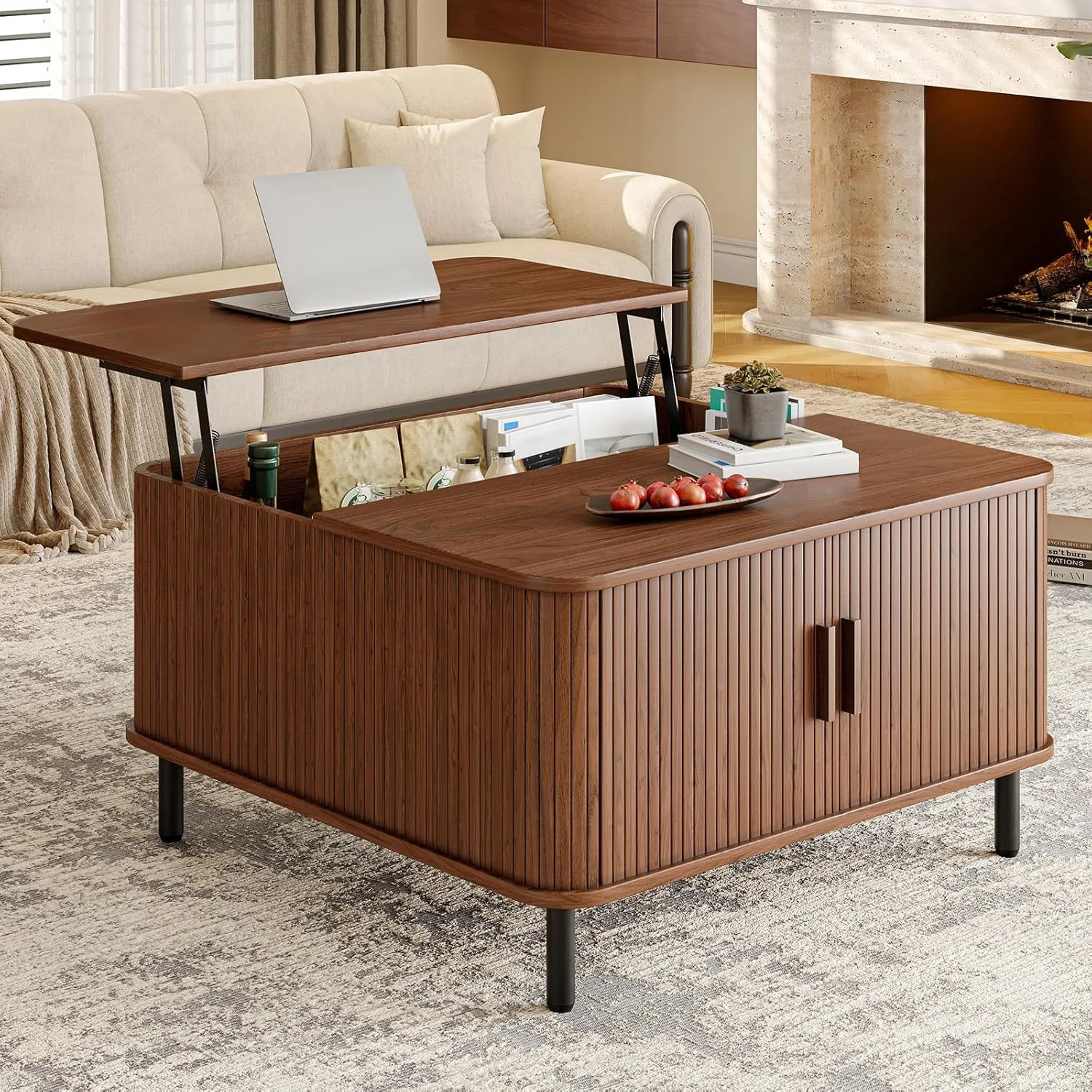 Square lift coffee table with large hidden compartment and adjustable floor mats
Square lift coffee table with large hidden compartment and adjustable floor mats