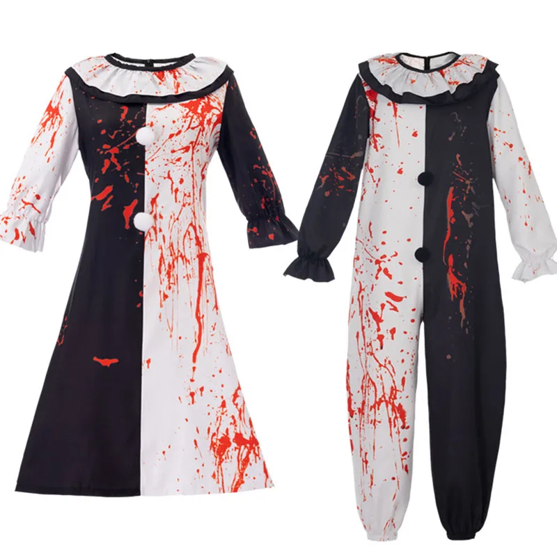 Horror Thriller Cosplay Costume Soul Killer Clown Blood Stained Black White Bodysuit Men And Women Stage Performance Costumes
Horror Thriller Cosplay Costume Soul Killer Clown Blood Stained Black White Bodysuit Men And Women Stage Performance Costumes