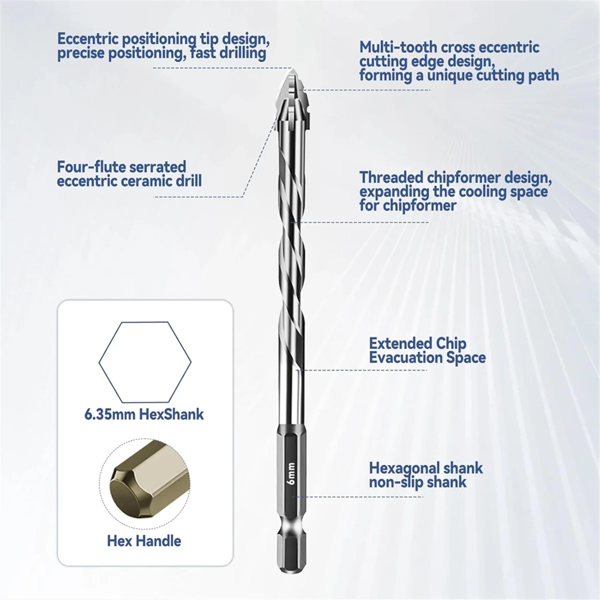 A58Z 10Pcs New Four-Flute Sawtooth Eccentric Drill Bit Size 5/6/8/10/12mm,for Wood Marble Metal Glass Ceramic Wall Tiles A
A58Z 10Pcs New Four-Flute Sawtooth Eccentric Drill Bit Size 5/6/8/10/12mm,for Wood Marble Metal Glass Ceramic Wall Tiles A