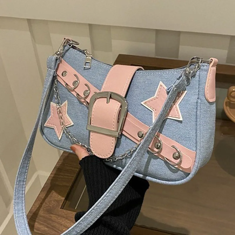 Fashion Female Small Shoulder Bags Chain Tote Bag Spice Girl pink five-pointed star patch design raw denim crossbody bag
Fashion Female Small Shoulder Bags Chain Tote Bag Spice Girl pink five-pointed star patch design raw denim crossbody bag