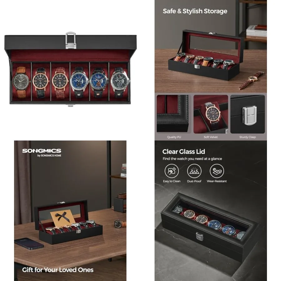Watch Box, Watch Case Organizer with Large Glass Lid, Removable Pillows, Gift for Loved Ones, Black Synthetic Leather, Wine Red
Watch Box, Watch Case Organizer with Large Glass Lid, Removable Pillows, Gift for Loved Ones, Black Synthetic Leather, Wine Red