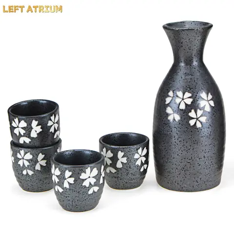 150ml Japanese Style Cherry Blossoms Sake Pot Bottle Flagon Liquor Cups Set of 5 PCS Ceramics Hip Flask Wine Mug