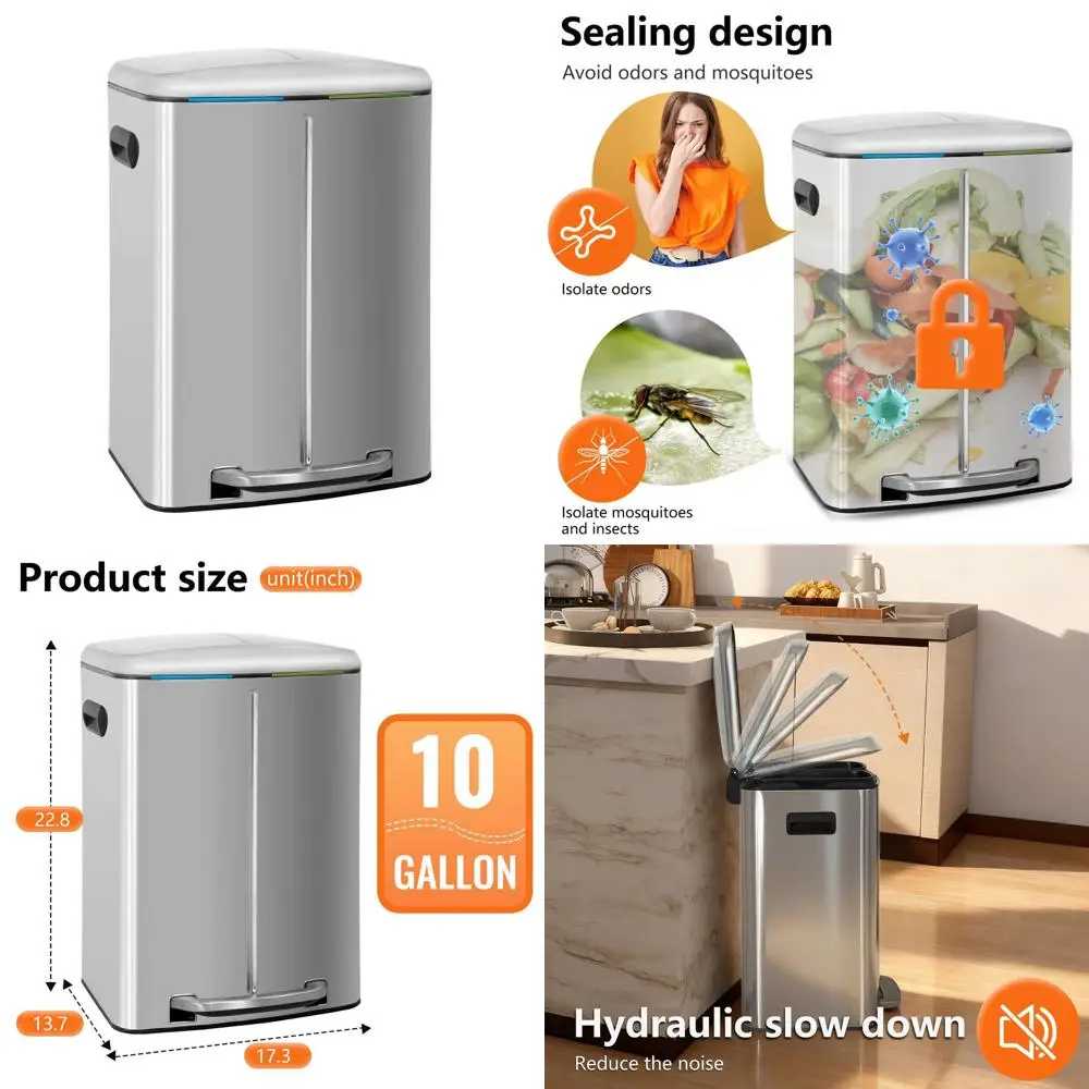 10 Gallon Stainless Steel Dual Compartment Trash Can with Removable Lid and Pedal
10 Gallon Stainless Steel Dual Compartment Trash Can with Removable Lid and Pedal