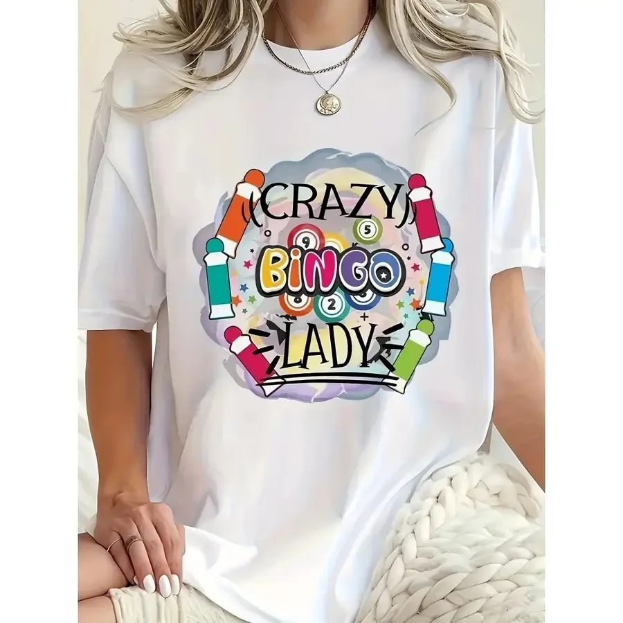【New style】Wo Casual Crew Neck T-Shirt - "Crazy Bingo Lady" Graphic Short Sleeve Stretchy and Blend Machine Washable Versatile
【New style】Wo Casual Crew Neck T-Shirt - "Crazy Bingo Lady" Graphic Short Sleeve Stretchy and Blend Machine Washable Versatile