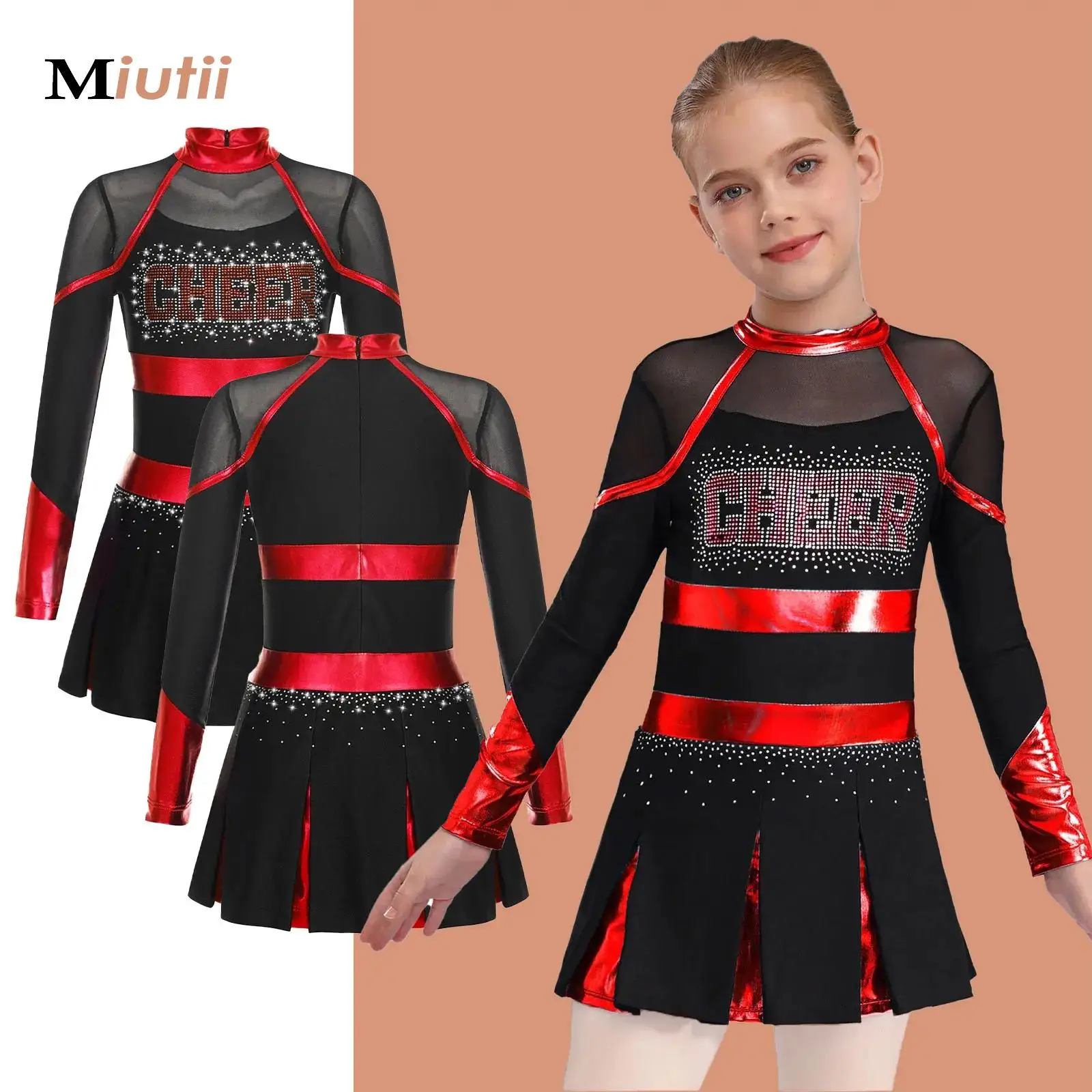 Girls Cheer Dance Costume Teens Glittery Rhinestone Cheerleading Uniforms Metallic Patchwork Long Sleeve Cheerlead Pleated Dress
Girls Cheer Dance Costume Teens Glittery Rhinestone Cheerleading Uniforms Metallic Patchwork Long Sleeve Cheerlead Pleated Dress