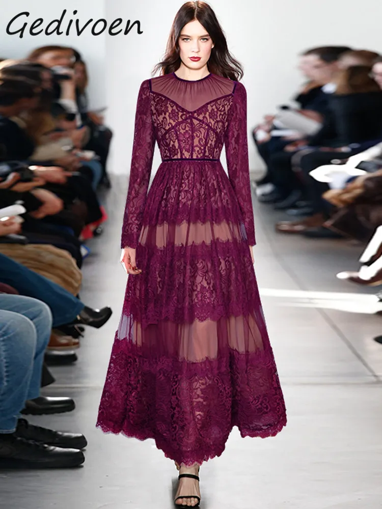 Gedivoen Autumn Fashion Designer Purple Vintage Lace Dress Women's O Neck Long Sleeve Holiday Party High Waist Slim Long Dresses
Gedivoen Autumn Fashion Designer Purple Vintage Lace Dress Women's O Neck Long Sleeve Holiday Party High Waist Slim Long Dresses