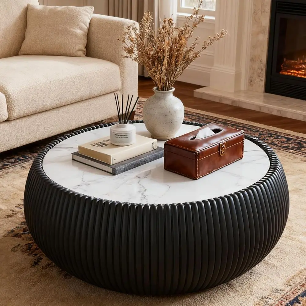 ern Round Drum Coee Table, Circular luted Drum Coee Table with White Marble Tabletop & Black Leather Wrapped e, Luxury Circle Ce
ern Round Drum Coee Table, Circular luted Drum Coee Table with White Marble Tabletop & Black Leather Wrapped e, Luxury Circle Ce