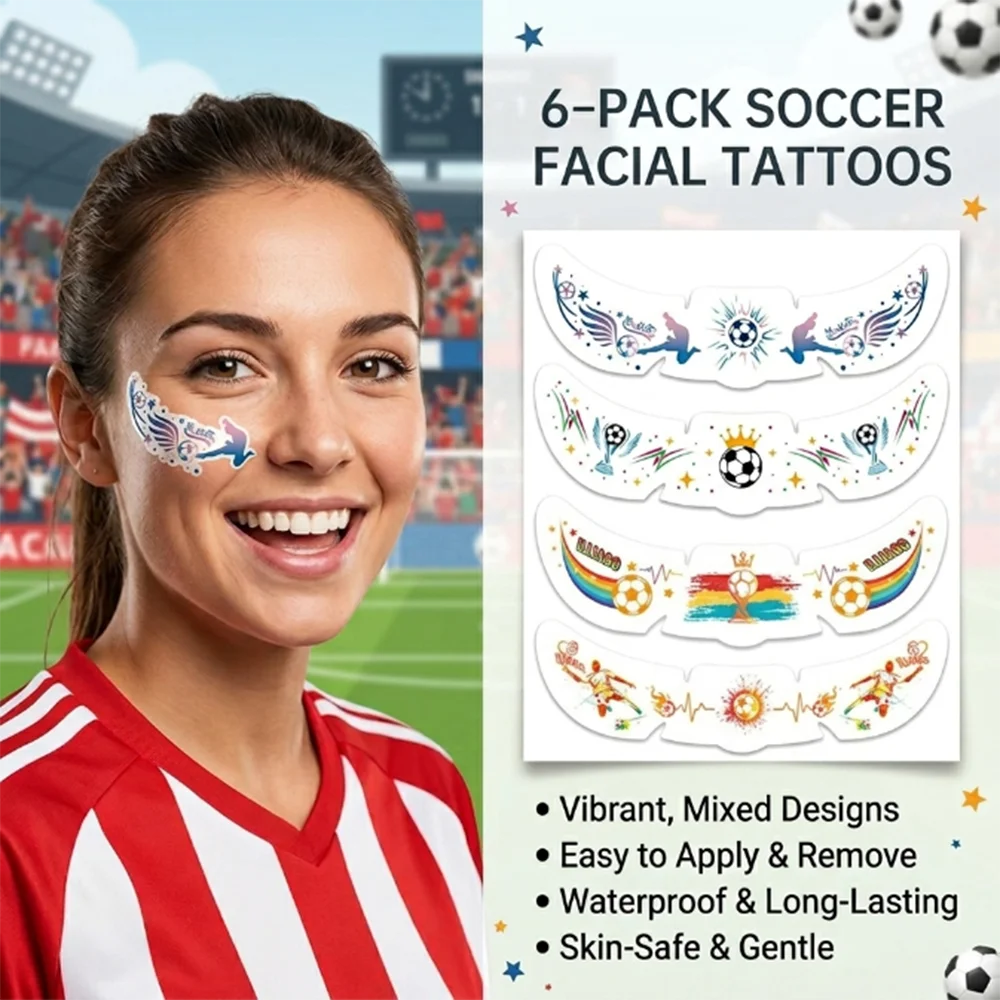 6pcs Football 2026 Temporary Tattoo Soccer Tournament Sticker Waterproof Body Art Sweatproof Face Decal Fake Temporary Tattoo
6pcs Football 2026 Temporary Tattoo Soccer Tournament Sticker Waterproof Body Art Sweatproof Face Decal Fake Temporary Tattoo