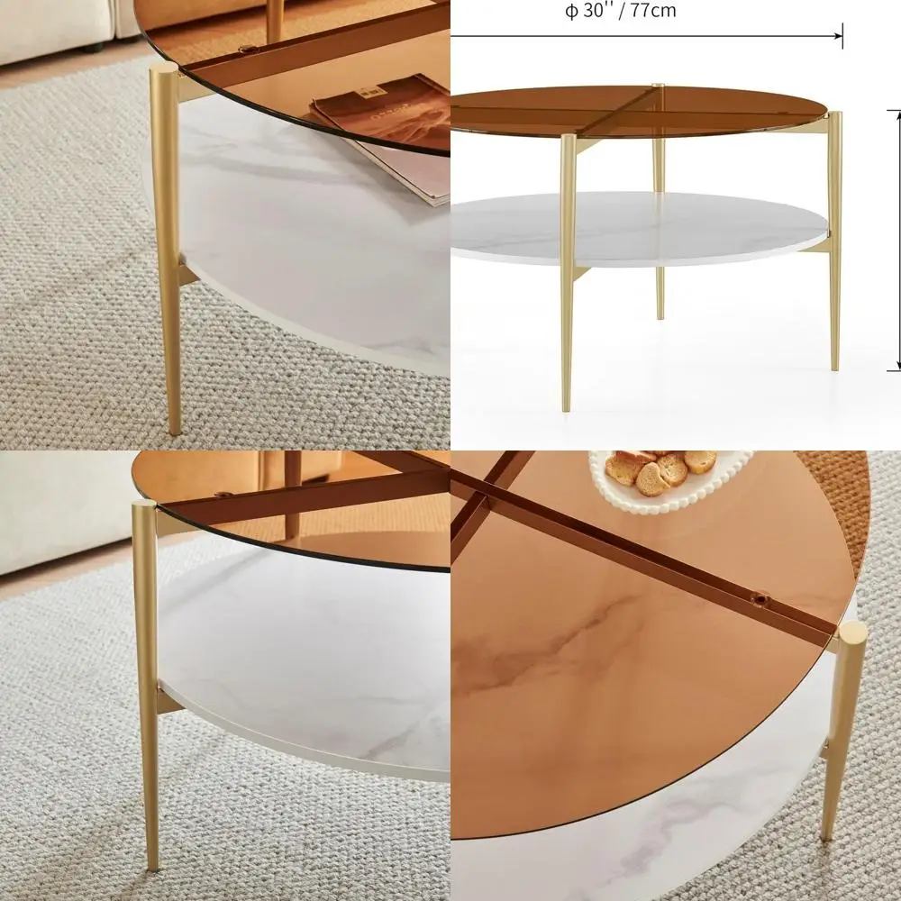 Круглый двухъярусный белый деревянный журнальный столик с золотыми ножками и коричневой стеклянной столешницей для гостиной
Круглый двухъярусный белый деревянный журнальный столик с золотыми ножками и коричневой стеклянной столешницей для гостиной