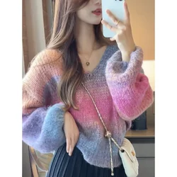 Fashionable Idle Style V-Neck Striped Gradient Sweater Women's Sweet Loose-Fit Slimming Color Knit Top Trendy Fashionable Idle Style V-Neck Striped Gradient Sweater Women's Sweet Loose-Fit Slimming Color Knit Top Trendy