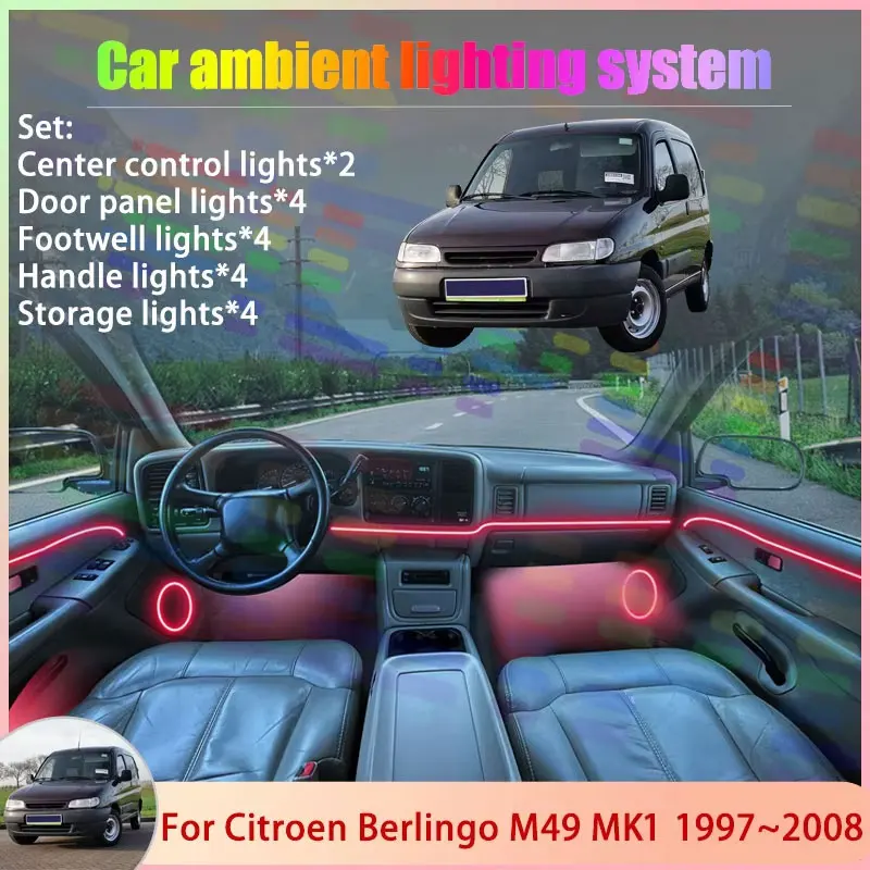 Для Citroen Berlingo M49 MK1 1997 ~ 2008 1998 1999 2/18 в 1, автомобильная атмосферная лампа, RGB абажур, ансамбль, стример, атмосферный набор
Для Citroen Berlingo M49 MK1 1997 ~ 2008 1998 1999 2/18 в 1, автомобильная атмосферная лампа, RGB абажур, ансамбль, стример, атмосферный набор