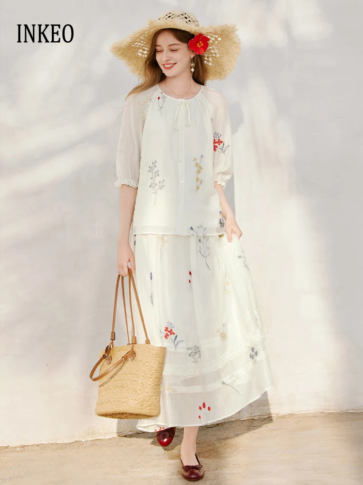 Beach Women 2 piece set Luxury Embroidery Half sleeve blouse shirt Elastic waist Midi skirt Fold Fashion clothing INKEO 6T045
Beach Women 2 piece set Luxury Embroidery Half sleeve blouse shirt Elastic waist Midi skirt Fold Fashion clothing INKEO 6T045