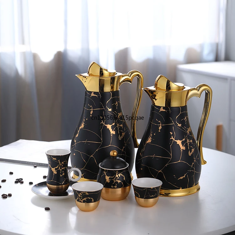 Original Design Black Gold Marble Pattern Luxury Coffee Pot Cups and Saucers Custom Gift Box Arab Tea Set with Glass Tray
Original Design Black Gold Marble Pattern Luxury Coffee Pot Cups and Saucers Custom Gift Box Arab Tea Set with Glass Tray