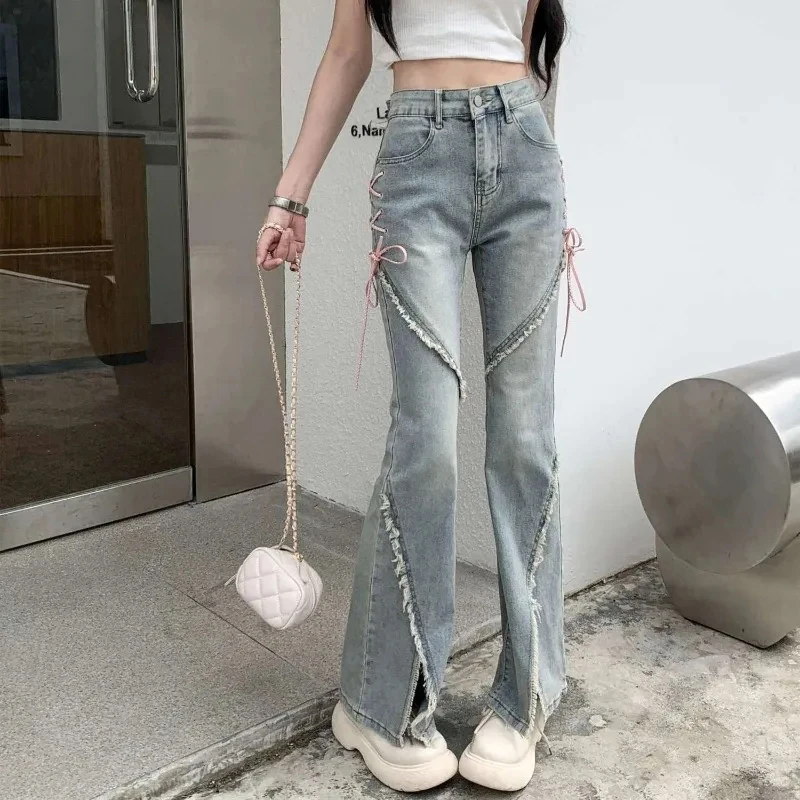 Y2K Vintage High Waist Flare Jeans Women Fashion Bandage Slit Slim Denim Pants Summer Korean Streetwear Casual Wide Leg Trousers
Y2K Vintage High Waist Flare Jeans Women Fashion Bandage Slit Slim Denim Pants Summer Korean Streetwear Casual Wide Leg Trousers