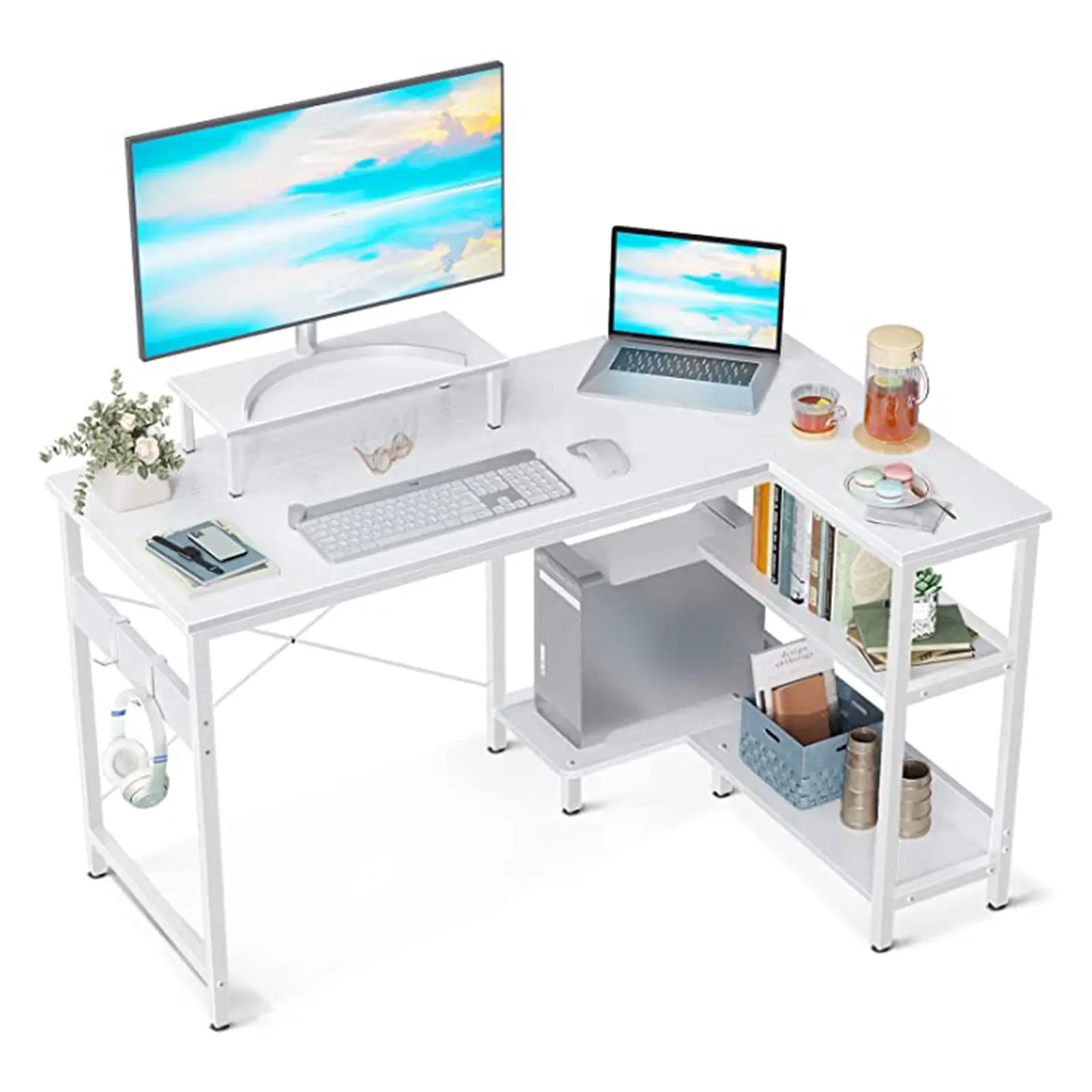 ODK 47 Inch Compact L Shaped Desk with Storage Shelves and Monitor Stand, White
ODK 47 Inch Compact L Shaped Desk with Storage Shelves and Monitor Stand, White