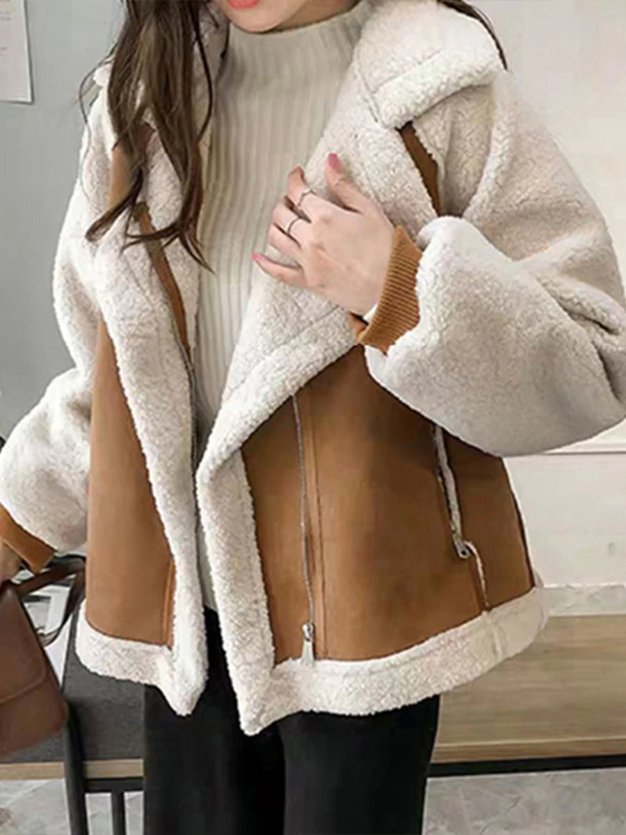 Winter Cashmere Coat Women Fashion Thicken Zipper Jacket Casual Loose Lapel Outerwear Female Warm Patchwork Jacket With Pockets
Winter Cashmere Coat Women Fashion Thicken Zipper Jacket Casual Loose Lapel Outerwear Female Warm Patchwork Jacket With Pockets