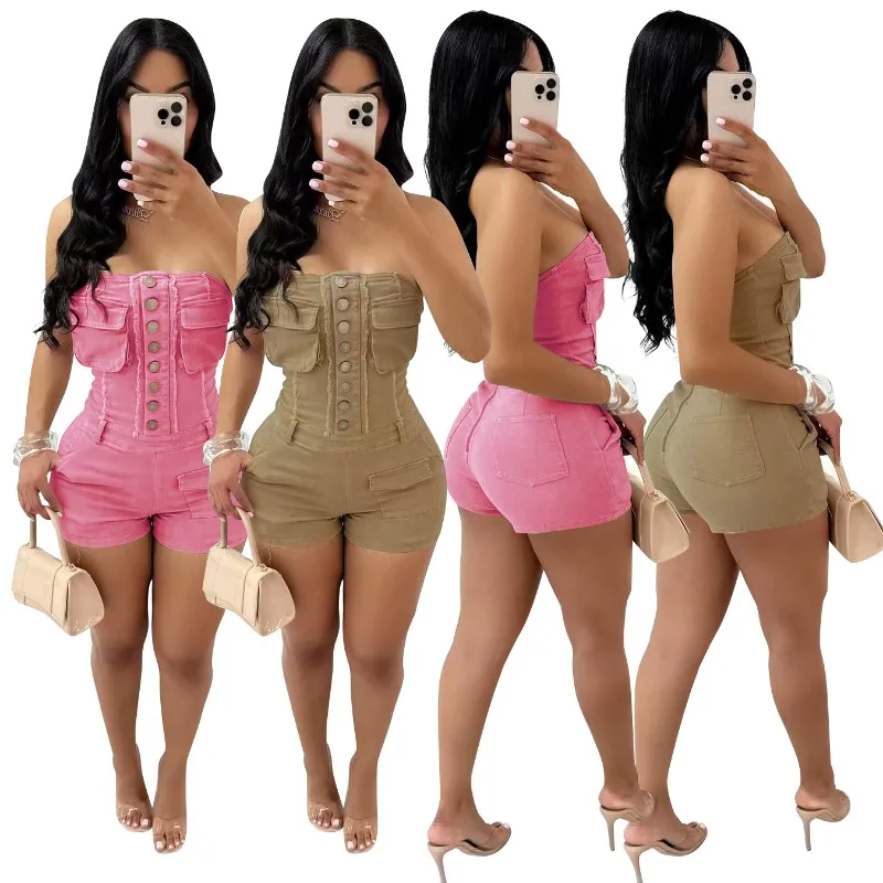 Women Solid High Stretch Denim Cargo Playsuits Multi Pockets Strapless Single Breasted Backless Skinny Casual Jeans Rompers
Women Solid High Stretch Denim Cargo Playsuits Multi Pockets Strapless Single Breasted Backless Skinny Casual Jeans Rompers