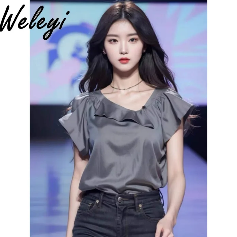 Chic and Beautiful Women Blouse Advanced Gray Short Sleeve Camisas E Blusas Summer Cute Diagonal Collar Elegant French Short Top
Chic and Beautiful Women Blouse Advanced Gray Short Sleeve Camisas E Blusas Summer Cute Diagonal Collar Elegant French Short Top