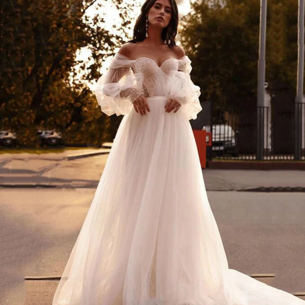 New Customized Wedding Dress Off Shoulder Sweetheart Neck Flow Bride Gowns Tulle A Line Lace Up Elegant Vestidos De Novia
New Customized Wedding Dress Off Shoulder Sweetheart Neck Flow Bride Gowns Tulle A Line Lace Up Elegant Vestidos De Novia