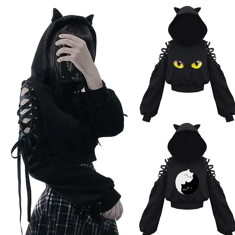 Women Long Sleeve Hoodies Kawaii Cat Ears Hoodie Gothic Punk Harajuku Cold Shouler Bandage Gothic Black Sweatshirts 2021
Women Long Sleeve Hoodies Kawaii Cat Ears Hoodie Gothic Punk Harajuku Cold Shouler Bandage Gothic Black Sweatshirts 2021