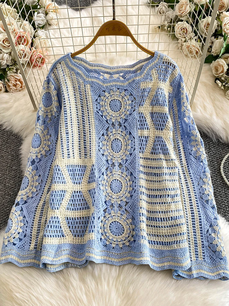 Женская вязаная блузка, осенне-весенняя богемная рубашка с вышивкой, футболка с круглым вырезом, топ Blusa, женский пуловер BL231 
Женская вязаная блузка, осенне-весенняя богемная рубашка с вышивкой, футболка с круглым вырезом, топ Blusa, женский пуловер BL231