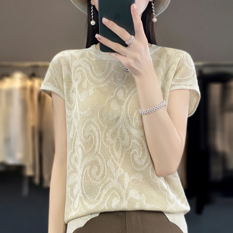 2023 Summer New Round Neck Lace Thin Cut Out Top Women's Loose and Slim Knitted Short Sleeve Tank Top T-shirt
2023 Summer New Round Neck Lace Thin Cut Out Top Women's Loose and Slim Knitted Short Sleeve Tank Top T-shirt