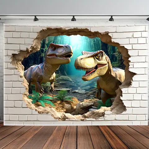 Oversized Dinosaur Breakout Wall Hanging - Realistic Jurassic Scene with Tyrannosaurus Rex Dinosaur, Durable Peach-Beige Fabric