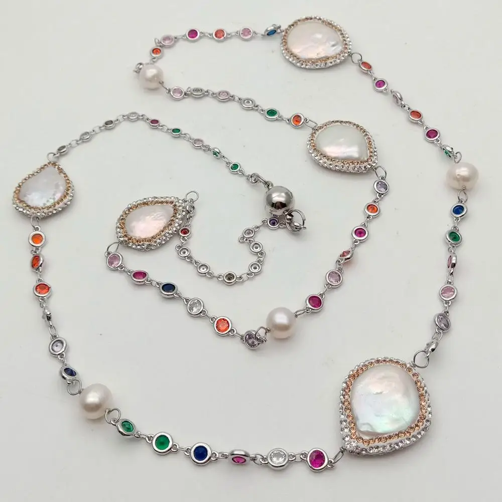 36'' White Coin Pearl Mixed Color Cz pave Chain Long Necklace Trendy Gold Copper Chain For Women Charm Jewelry
36'' White Coin Pearl Mixed Color Cz pave Chain Long Necklace Trendy Gold Copper Chain For Women Charm Jewelry