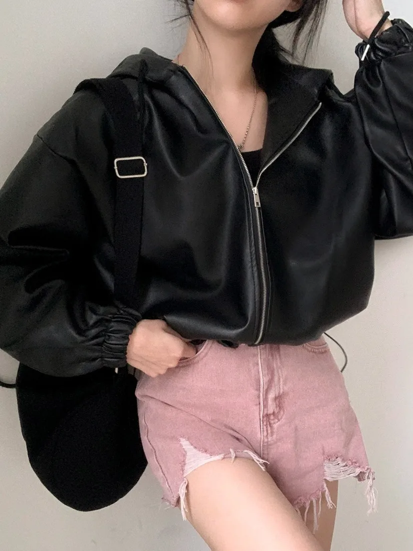 Chic Spring Vintage Loose Zipper Hooded ort Waist Cinched Leather Jaet Outerwear Women's Regular Fit Medium Softn
Chic Spring Vintage Loose Zipper Hooded ort Waist Cinched Leather Jaet Outerwear Women's Regular Fit Medium Softn
