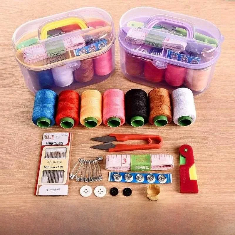 Small Embroidery Kit with Pins Scissors Thread Ruler Storage Box Yarn Buttons Hidden Fasteners Sewing Accessories