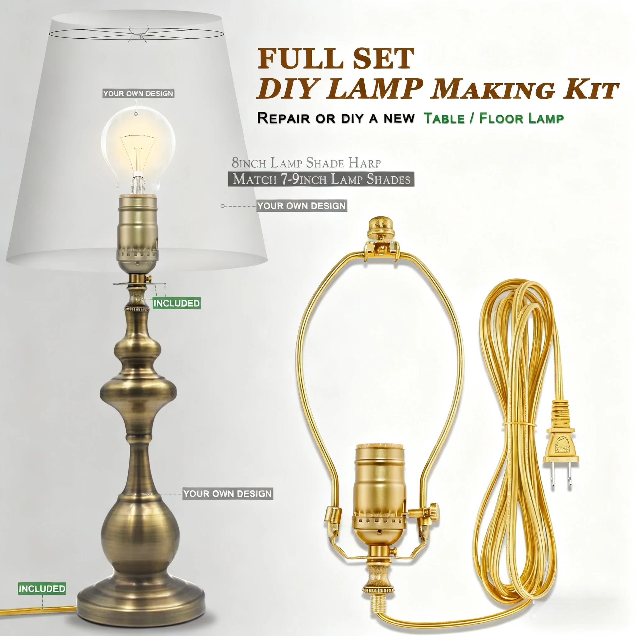 Набор для изготовления или ремонта светильников: Комплект проводки для настольных и напольных ламп, необходимые комплектующие для самостоятельного дизайна или ремонта осветительных приборов, аксессуары для освещения.
Набор для изготовления или ремонта светильников: Комплект проводки для настольных и напольных ламп, необходимые комплектующие для самостоятельного дизайна или ремонта осветительных приборов, аксессуары для освещения.