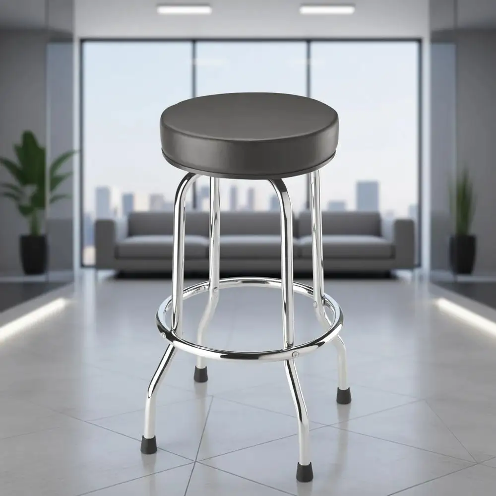 Padded Swivel Bar Stool: Chrome Legs, Black, 28.74 High, 18.5 Diameter
Padded Swivel Bar Stool: Chrome Legs, Black, 28.74 High, 18.5 Diameter