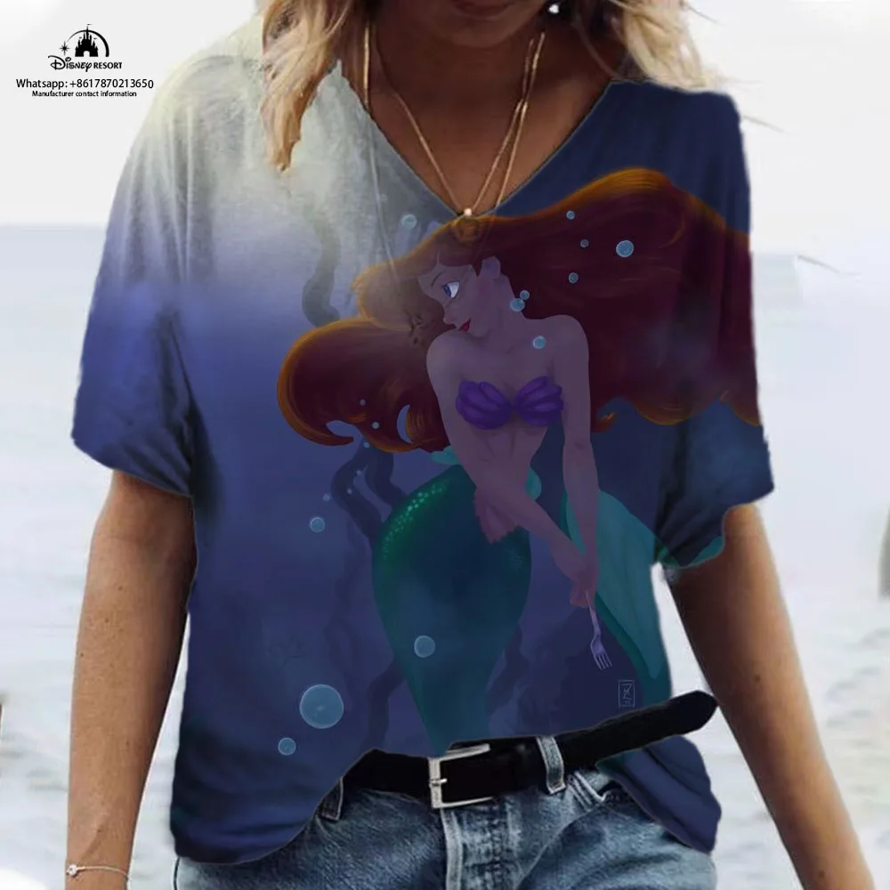 2023 Summer Hot Sale New Ariel Mermaid Anime Printing Women's T-shirt Casual V-neck Fashion Trend High Quality Short Sleeves
2023 Summer Hot Sale New Ariel Mermaid Anime Printing Women's T-shirt Casual V-neck Fashion Trend High Quality Short Sleeves