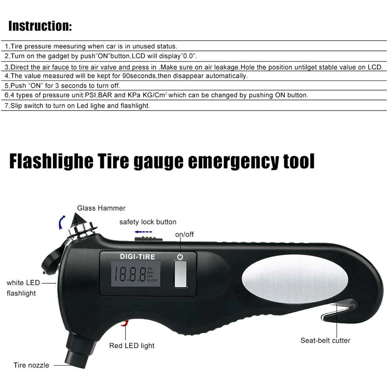 5-In-1 Digital Tire Pressure Gauge,150PSI With Multi-Functional Rescue Tools Of LED Flashlight,Bottle Opener For Cars And Motorc
5-In-1 Digital Tire Pressure Gauge,150PSI With Multi-Functional Rescue Tools Of LED Flashlight,Bottle Opener For Cars And Motorc