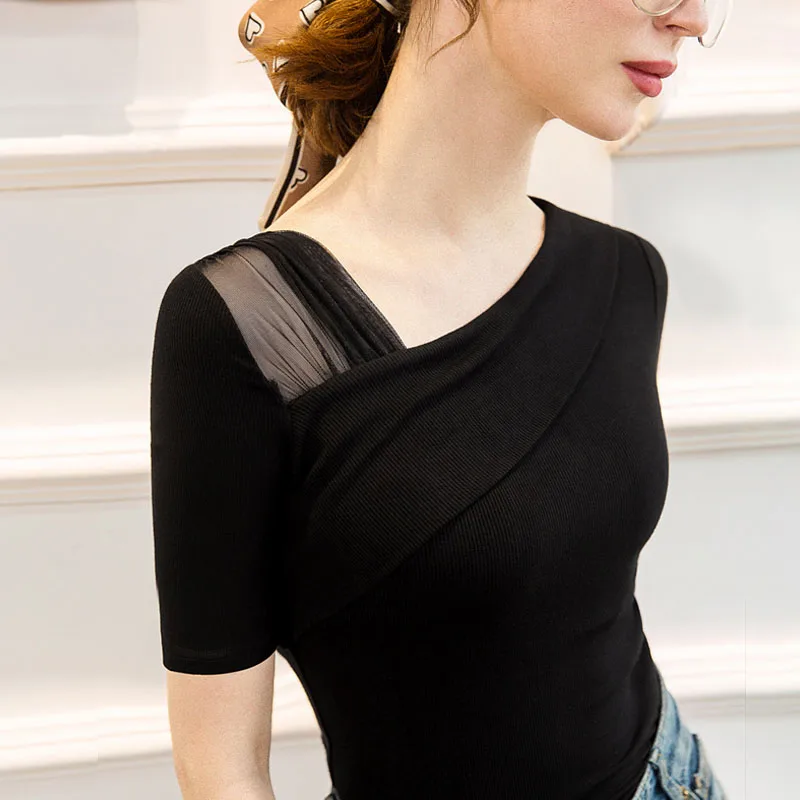 Ice Silk Knitted Top Summer Style Slim Fit Short Sleeve Mesh Patchwork Diagonal Collar T-Shirt Korean Version Commute Suitable
Ice Silk Knitted Top Summer Style Slim Fit Short Sleeve Mesh Patchwork Diagonal Collar T-Shirt Korean Version Commute Suitable