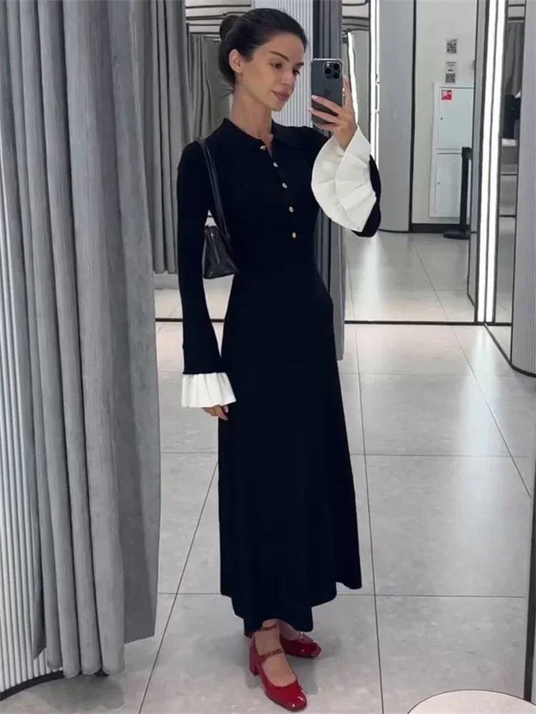 Female Ruffled Knitwear Long Dress Fashion Patchwork Slim Contrast Lapel Casual Party Dress Gown Women's Knit Maxi Dress
Female Ruffled Knitwear Long Dress Fashion Patchwork Slim Contrast Lapel Casual Party Dress Gown Women's Knit Maxi Dress